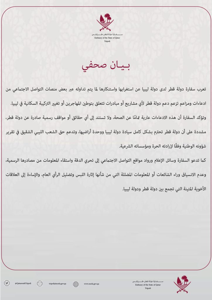 Qatar Embassy in Libya Denies Circulating Allegations and Reaffirms Commitment to Non-Interference in Libyan Affairs
