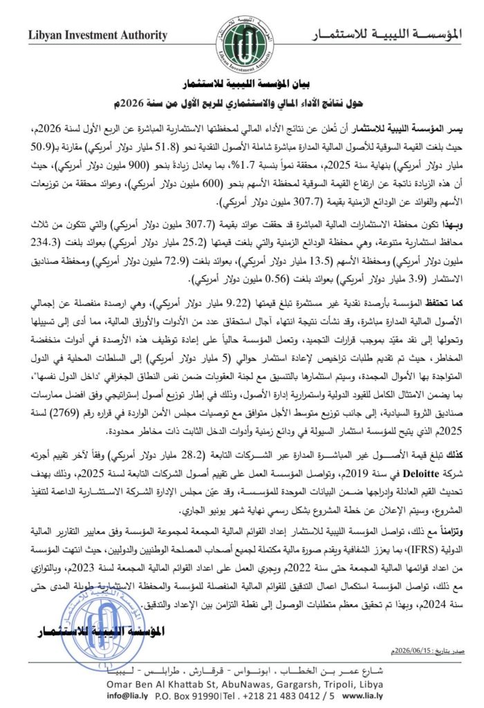 Libyan Investment Authority Announces Growth of Financial Assets to $51.8 Billion in First Quarter of 2026 Libyan Investment Authority Announces Growth of Financial Assets to $51.8 Billion in First Quarter of 2026